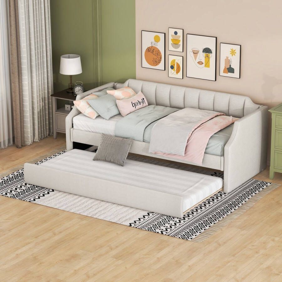 YJZQ Twin Daybed met onderschuifbed Moderne slaapbank uitschuifbaar bed Gestoffeerd eenpersoonsbed 90x190cm Katoenlijnstof Beige