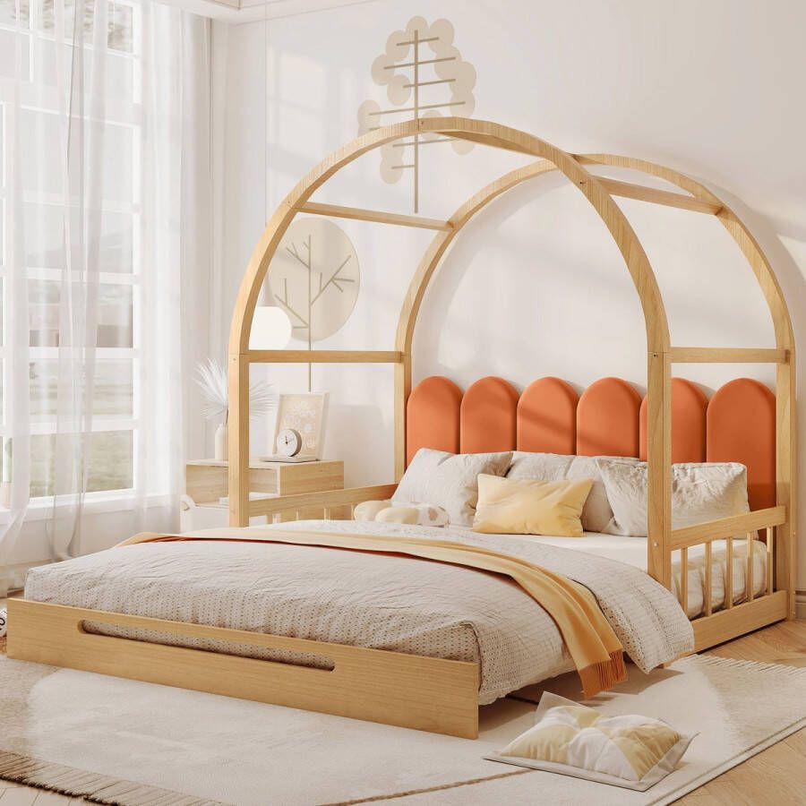 YJZQ Uitbreidbaar gewelfd dakbed-uitschuifbed- Cot Day Bed tweepersoonsbed fluwelen rugleuning Gestoffeerd bed-grenenhouten frame- Natural & Oranje (140x100cm&140x200cm)
