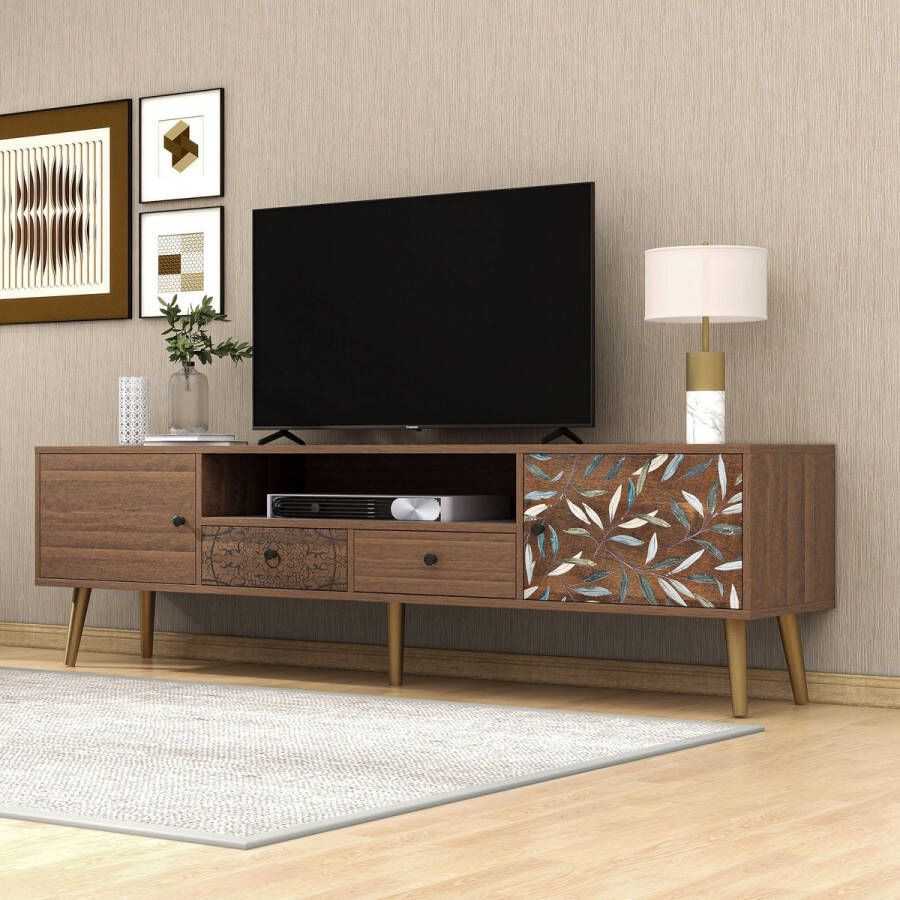 YJZQ Vintage TV meubel -Media opbergkast met 2 deuren 2 lades opbergvak -landhuis design gouden pootjes- lowboard met print-180x38x50.5cm