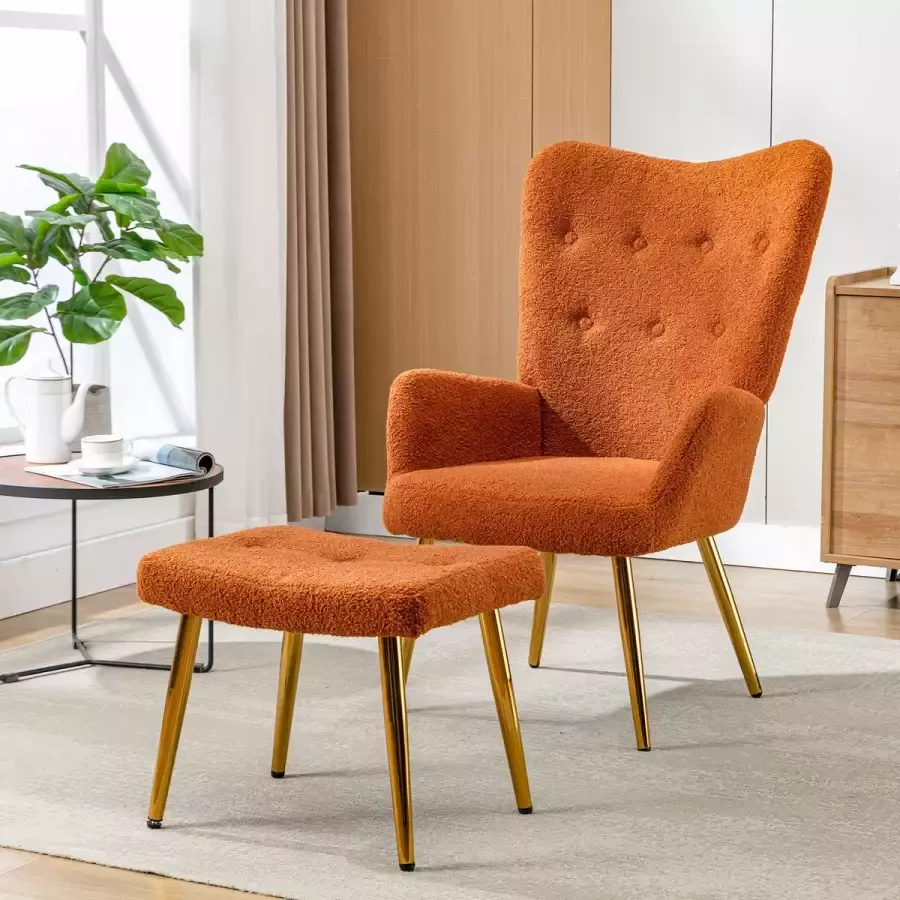 YJZQ Wing Fauteuil Enkele Fauteuil Met Voetenbank Relax Fauteuil Recliner Bijpassende Kruk Teddy Fleece Loungestoel Uitnodiging Sofa Decoratieve Fauteuil Woonkamer Slaapkamer Eetkamerstoel-Oranje