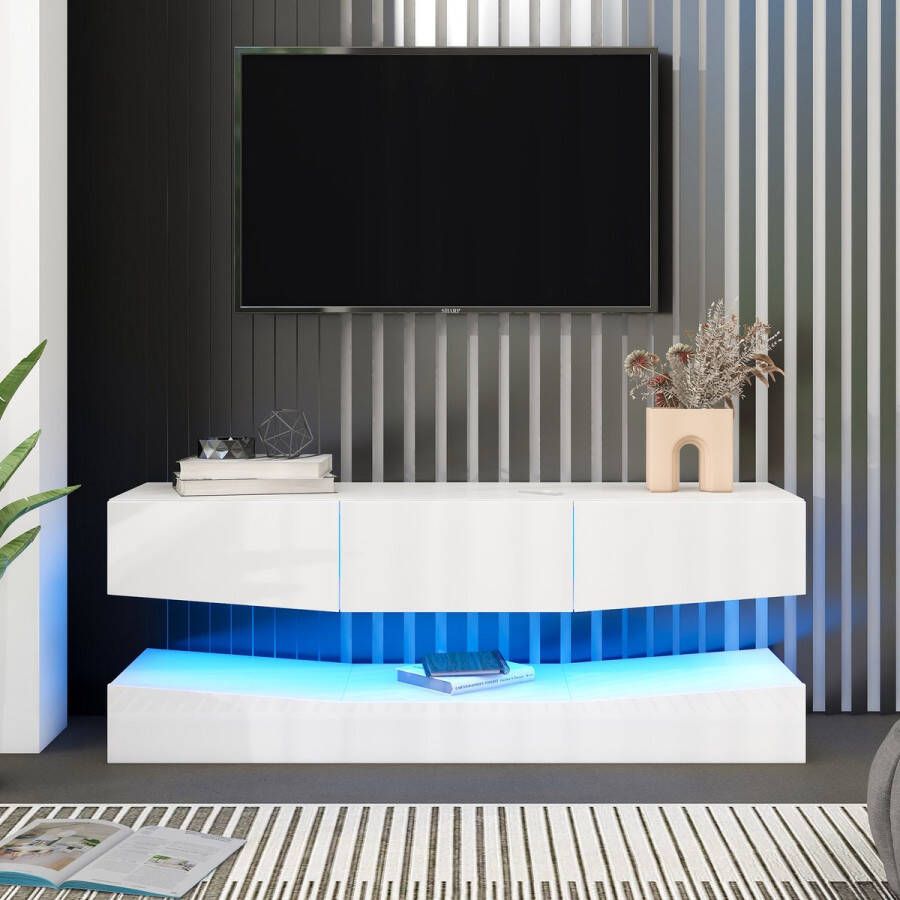 YJZQ Wit hoogglans tv-bord hangend tv-meubel met led-verlichting wandgemonteerd zwevend tv-meubel entertainment mediaconsole centrum voor woonkamer thuiskantoor lengte 180 cm