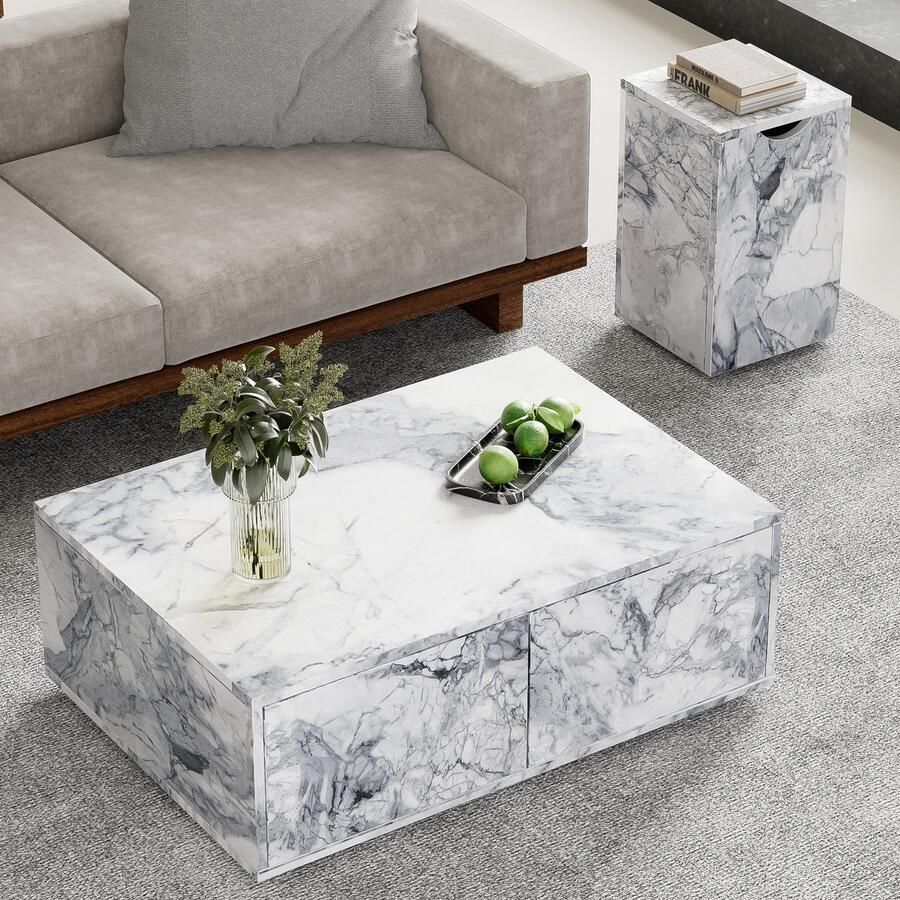 YJZQ 2-delige moderne rechthoekige salontafel Salontafelset met gecoate marmerlook met bijzettafel voor woonkamerbank bijzettafel en balkon MDF wit
