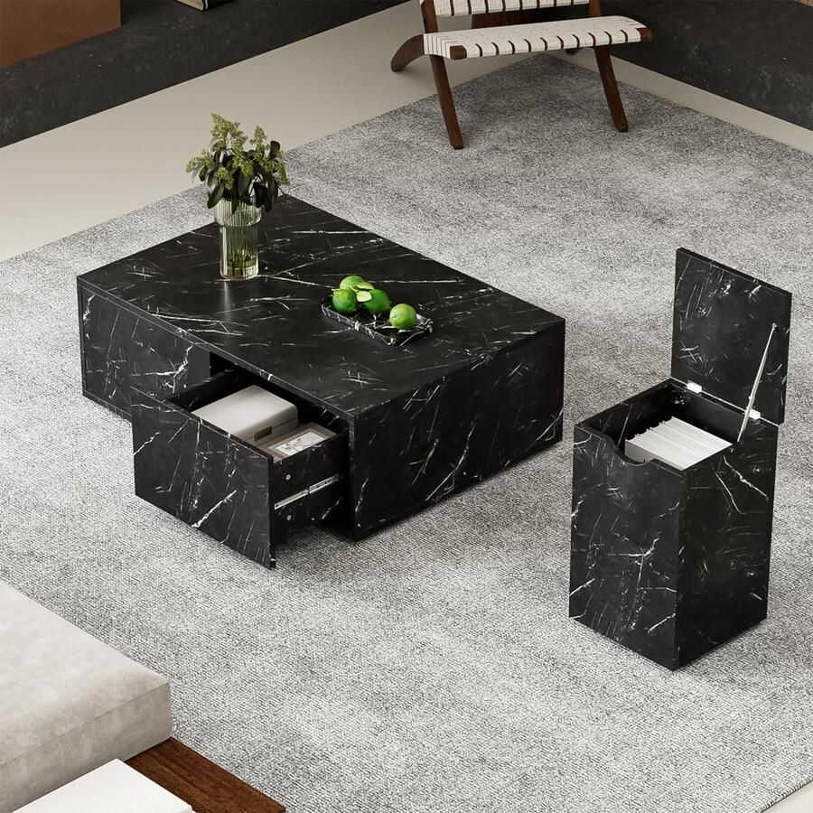 YJZQ 2-delige moderne rechthoekige salontafel Salontafelset met gecoate marmerlook met bijzettafel voor woonkamerbank bijzettafel en balkon MDF zwart