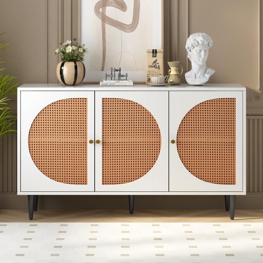 YJZQ Dressoir met 3 rotandeuren ladekast highboard met metalen handgrepen voor slaapkamer & woonkamer & kantoor wit 129 8 * 40 * 76 cm