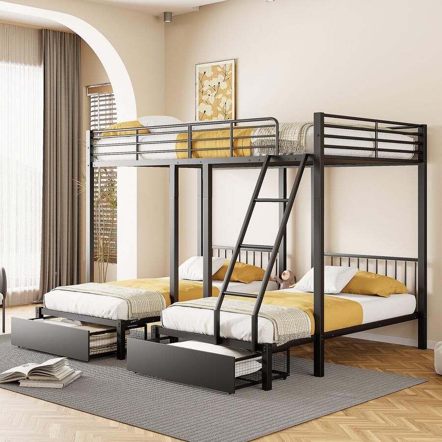 YJZQ Driepersoonsstapelbed met lades metalen bedframe om te bouwen tot tweepersoonsbed 140 x 200 en twee eenpersoonsbedden 90 x 200 multifunctioneel bed met metalen frame zwart