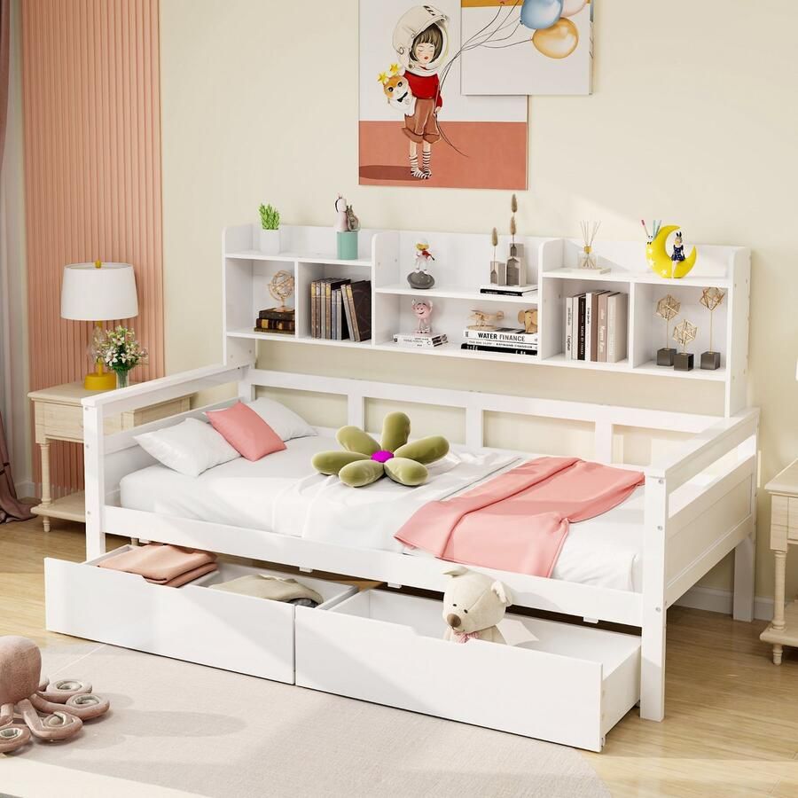 Sweiko Slaapbank 90x200cm Kinderbed met lades en planken Platte noedelslijst wieg jeugdbed eenpersoonsbed massief houten bed Wit (zonder matras)