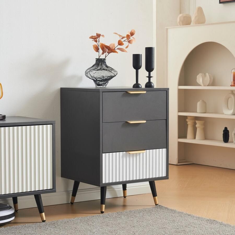 YJZQ Elegante bijzettafel 45*40*65 cm met 3 lades en gouden accenten veelzijdig en veilig dressoir nachtkastje voor in de slaapkamer salontafel nachtkastje wit & grijs
