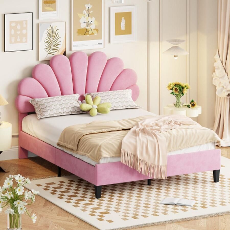 YJZQ Gestoffeerd bed 140 x 200 cm bedframe met bloemvormig hoofdeinde tweepersoonsbed voor volwassenen met lattenbodem in huidvriendelijke fluwelen stof -Pink