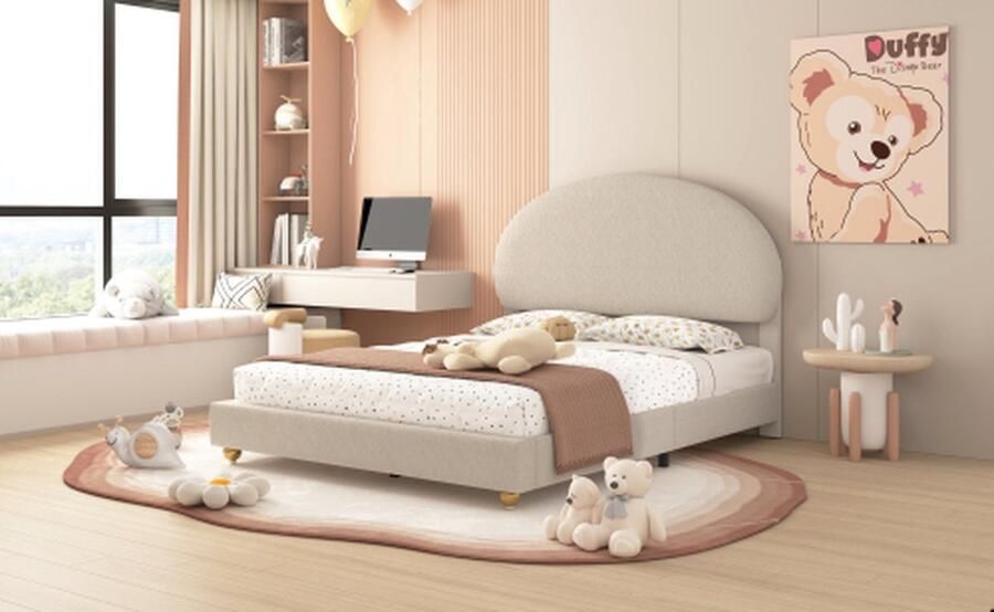 YJZQ Gestoffeerd bed 140 x 200 cm bedframe met bloemvormig hoofdeinde tweepersoonsbed voor volwassenen met lattenbodem in huidvriendelijke fluwelen stof -beige style 2