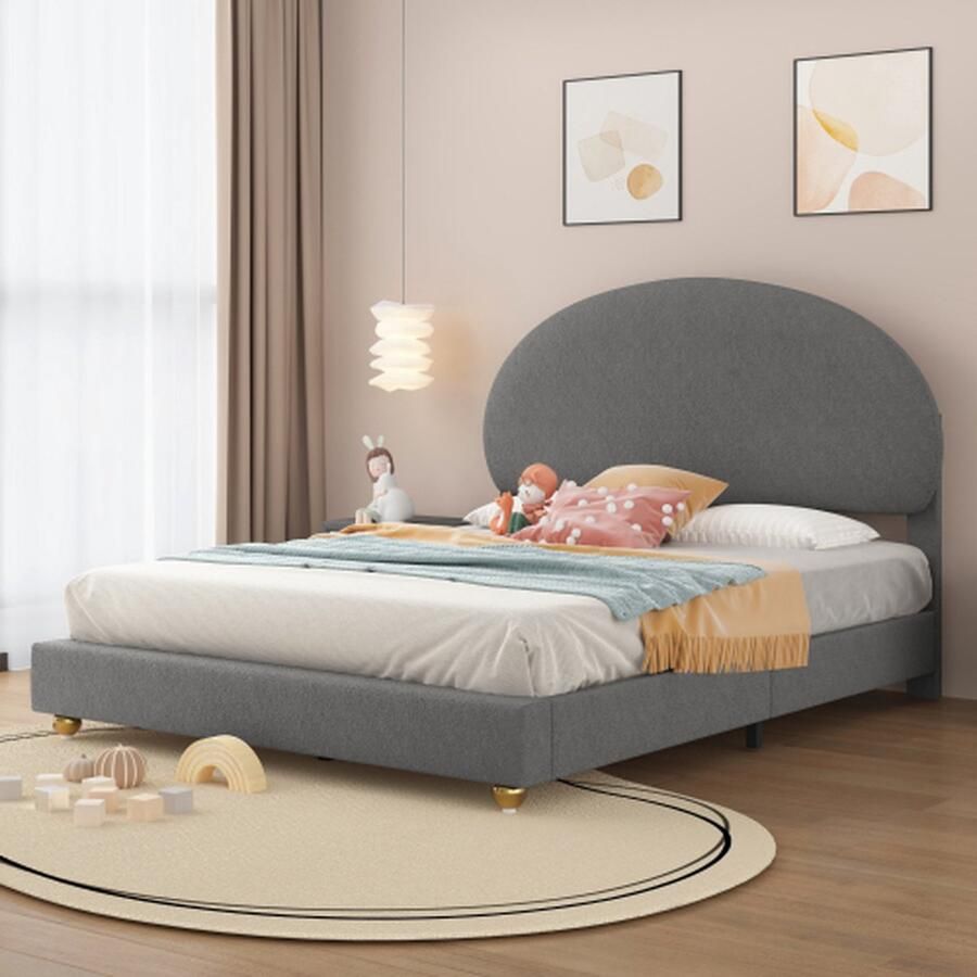 YJZQ Gestoffeerd bed 140 x 200 cm bedframe met bloemvormig hoofdeinde tweepersoonsbed voor volwassenen met lattenbodem in huidvriendelijke fluwelen stof -Gray-style 2