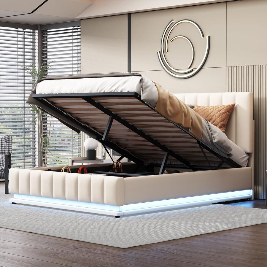 YJZQ Gestoffeerd bed 140 x 200 cm met 16 LED Verlichting metalen lattenbodem & bedkast tweepersoonsbed met in hoogte verstelbaar gestoffeerd hoofdbord & hydraulische opbergruimte wit (zonder matras)