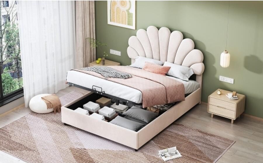 YJZQ Gestoffeerd bed 140 x 200 cm met gebloemd hoofdbord en lattenbodem met in hoogte verstelbaar hoofdbord en hydraulische opbergruimte tweepersoons juniorbed huidvriendelijke fluwelen stof beige