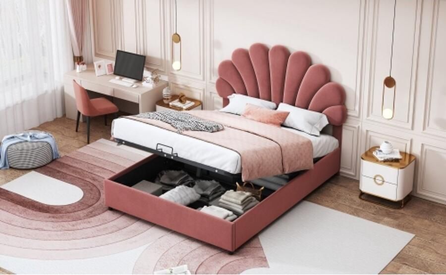 YJZQ Gestoffeerd bed 140 x 200 cm met gebloemd hoofdbord en lattenbodem met in hoogte verstelbaar hoofdbord en hydraulische opbergruimte tweepersoons juniorbed huidvriendelijke fluwelen stof roze