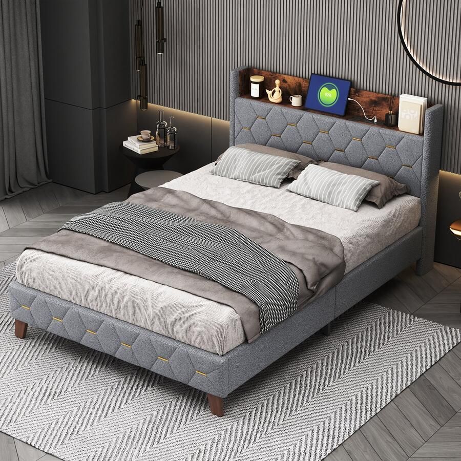 YJZQ Gestoffeerd bed 140 x 200 cm met hoofdeinde opbergruimte en USB-poort-flatbed tweepersoonsbed logeerbed -Zacht kardemomfluweel -grijs