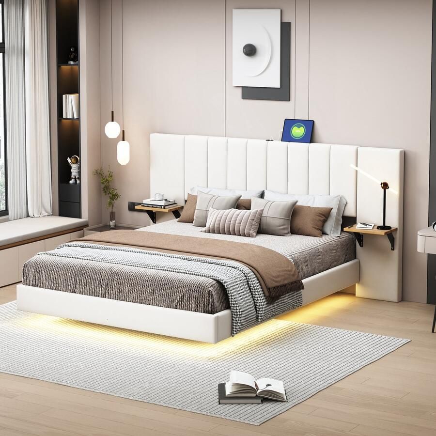 YJZQ Gestoffeerd bed 140*200 cm met verlengd hoofdeinde tweepersoonsbed met zijplanken USB-oplaadpoort LED-strip linnen stof beige
