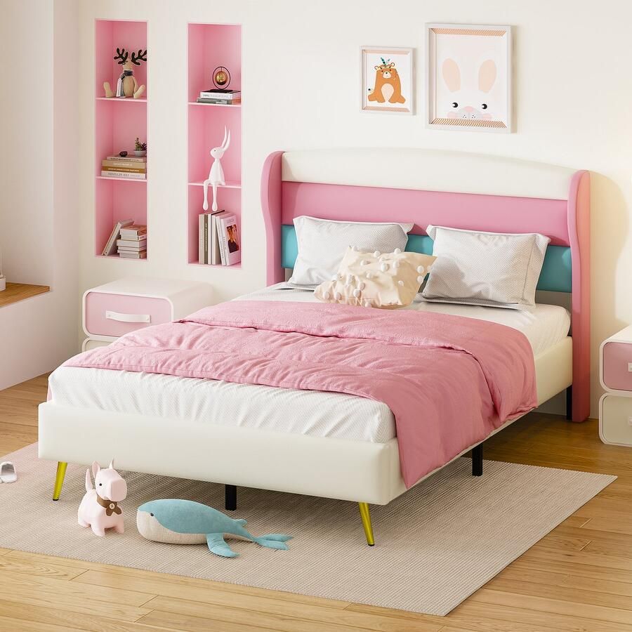 YJZQ Gestoffeerd bed 140*200 cm Veelkleurig hoofdeinde Metalen poten voor stevige ondersteuning Jeugdbed tweepersoonsbed logeerbed Kunstlederen stof Wit (matras niet inbegrepen)