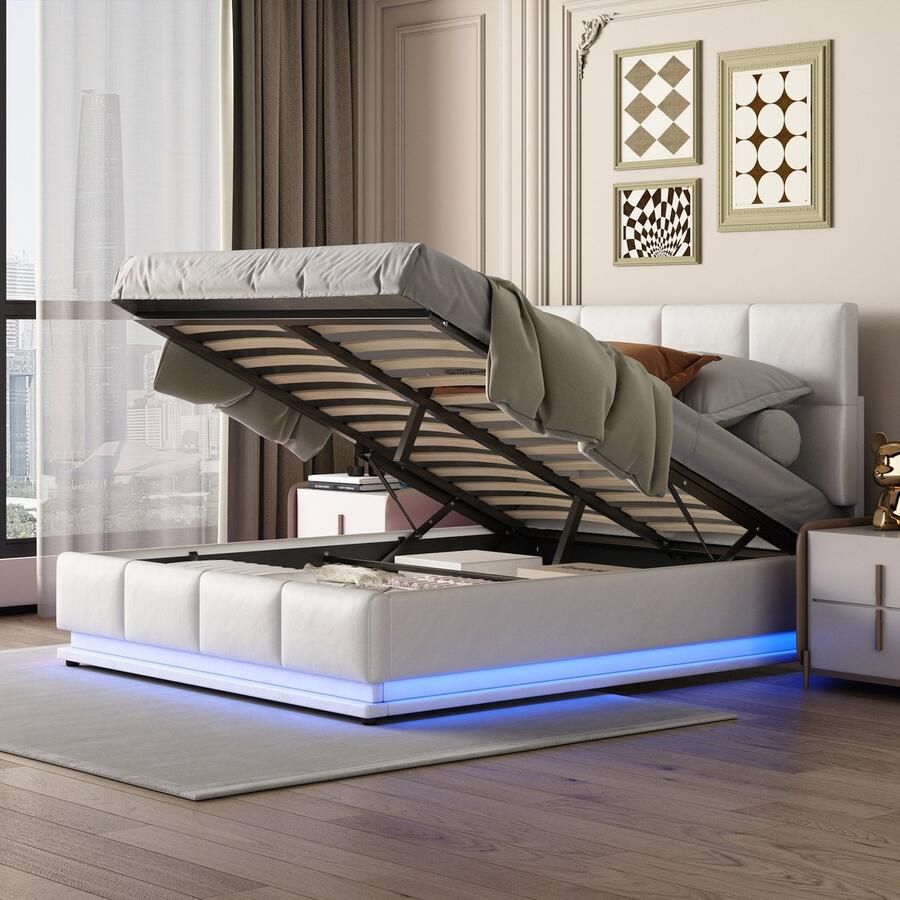 YJZQ Gestoffeerd bed 140x200 cm met LED verlichting hydraulisch hefbaar bed met opbergruimte bedstee & lattenbodem kunstleer tweepersoonsbed -volwassenen jeugdbed -wit
