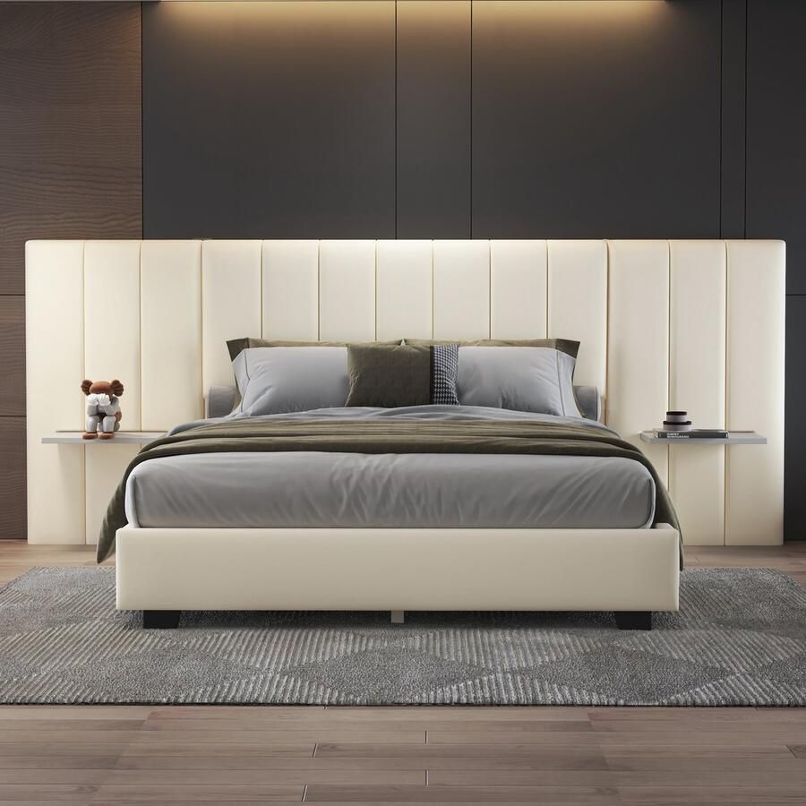 YJZQ Gestoffeerd bed 160 x 200 cm tweepersoonsbed met verlengd hoofdbord en rugleuning 2 planken aan weerszijden van het hoofdbord beige fluwelen stof