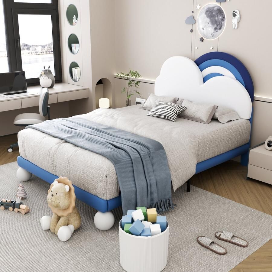 YJZQ Gestoffeerd bed 90*200cm met Cloud hoofdbord Kinderbed jeugdbed Eenpersoonsbed met houten lattenbodem eenvoudige montage in hoogte verstelbaar hoofdbord PU blauw