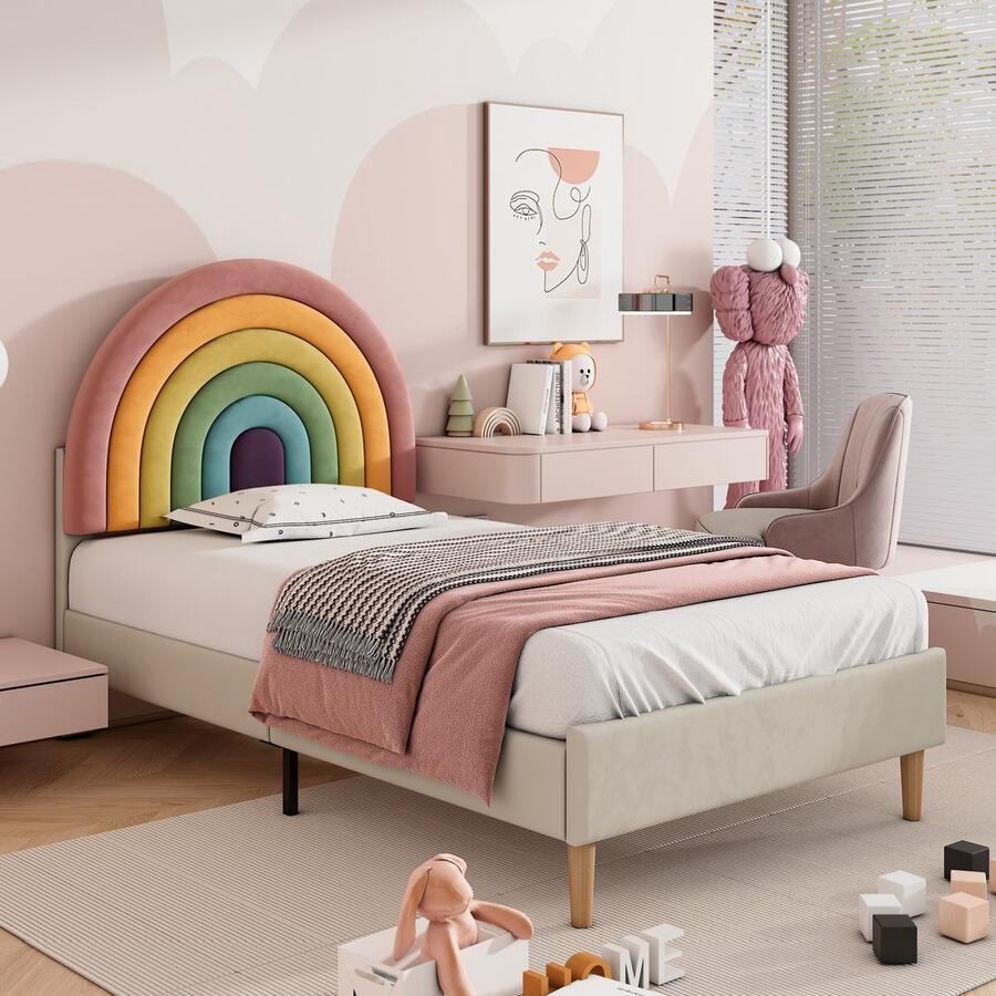 YJZQ Gestoffeerd bed 90x200cm jeugdbed Rainbow hoofdbord houten lattenbodem eenvoudige montage in hoogte verstelbaar hoofdbord fluweel beige