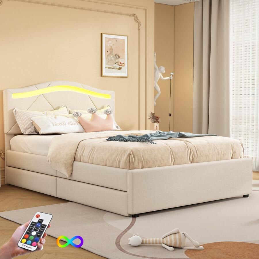 YJZQ Gestoffeerd bed 90x200cm met led-verlichting verstelbaar hoofdeinde bed met lattenbodem en twee lades op afstand bedienbare kamerverlichting beige (zonder matras)