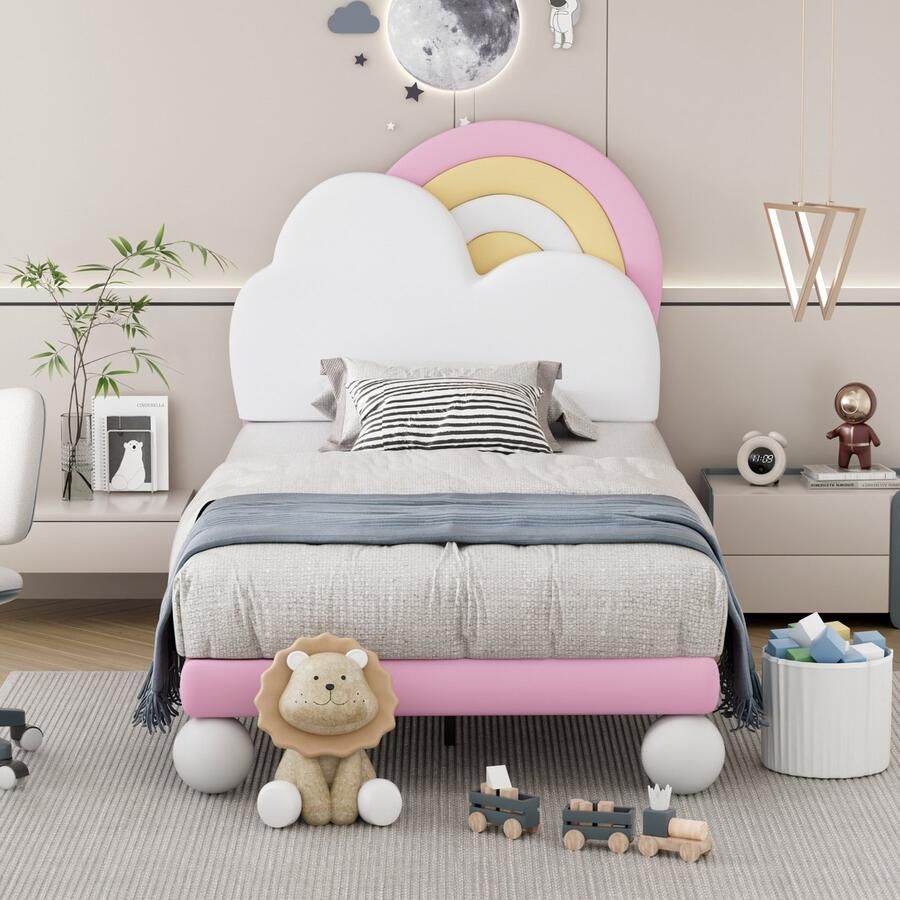 YJZQ Gestoffeerd bed met Cloud hoofdbord Kinderbed jeugdbed Eenpersoonsbed met houten lattenbodem eenvoudige montage in hoogte verstelbaar hoofdbord PU roze 90*200cm