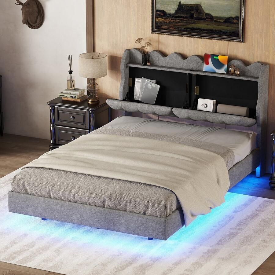 YJZQ Gestoffeerd bed met lichtbalk tweepersoonsbed 140 x 200 cm Verstelbaar hoofdeinde met USB-oplaadpoort en opbergruimte grijs