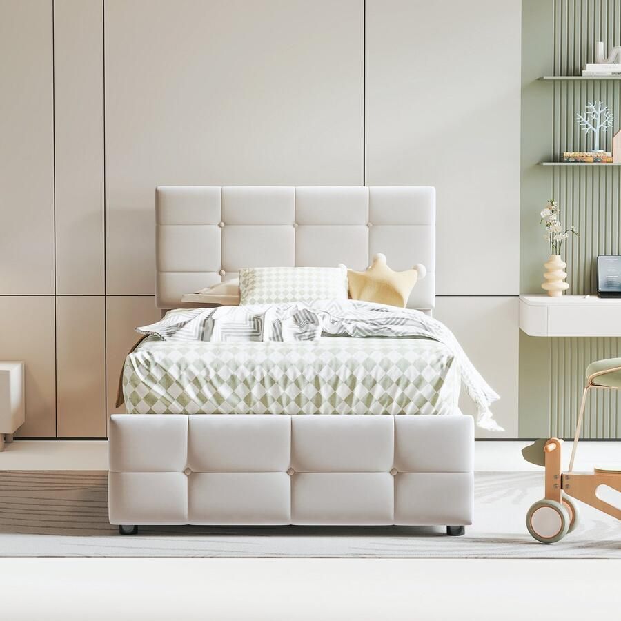 YJZQ Gestoffeerd hydraulisch opbergbed 90x200 cm in hoogte verstelbaar hoofdeinde eenpersoons hoog bedstee fluwelen stof beige