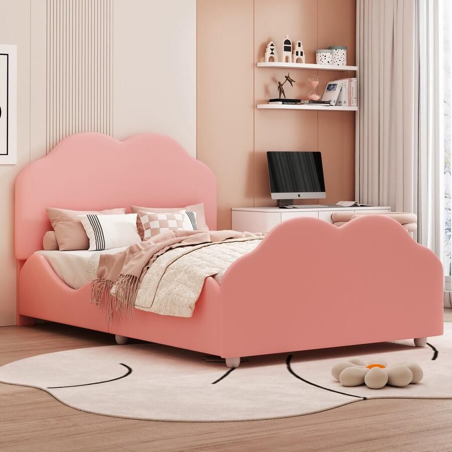 YJZQ Gestoffeerd kinderbed 90 x 200 cm Kinderbedframe met hoge reling en wolkvormig hoofd- en voeteinde Eenpersoonsbed van fluweel Roze