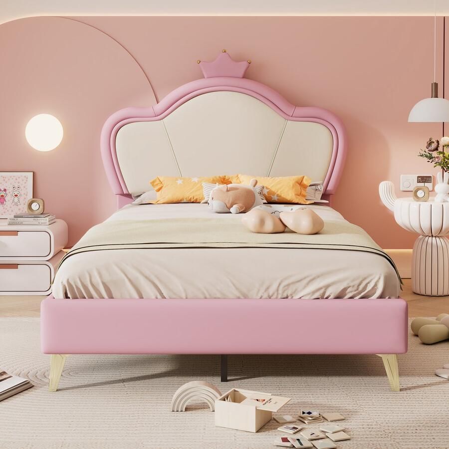 YJZQ Gestoffeerd kinderbed met kroonvormig hoofdeinde Wood Princess Low Platform Bed voor jongens en meisjes eenpersoonsbed met metalen bedpoten PU-leer 90x200cm wit en roze