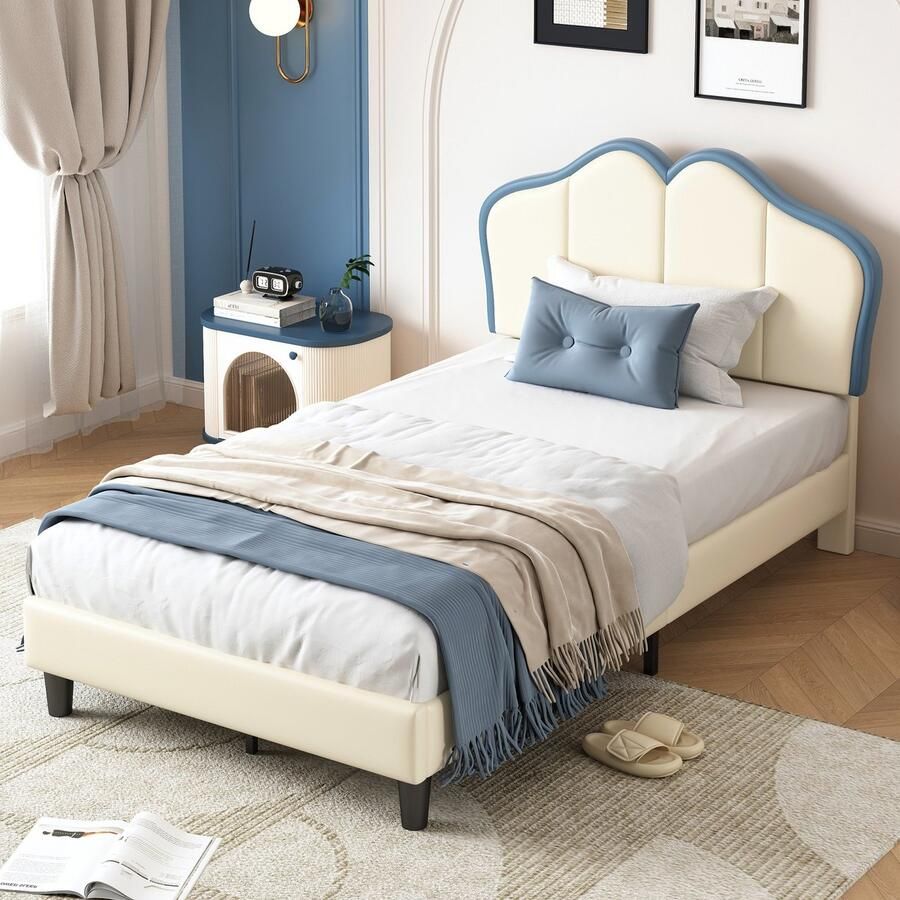 Gutent Kinderbed Wit + Blauw (Zonder matras) 90x200 cm met Zachte Beschermranden Stevige poten elegant voorgevormd gestoffeerd hoofdeinde eenpersoonsbed PU