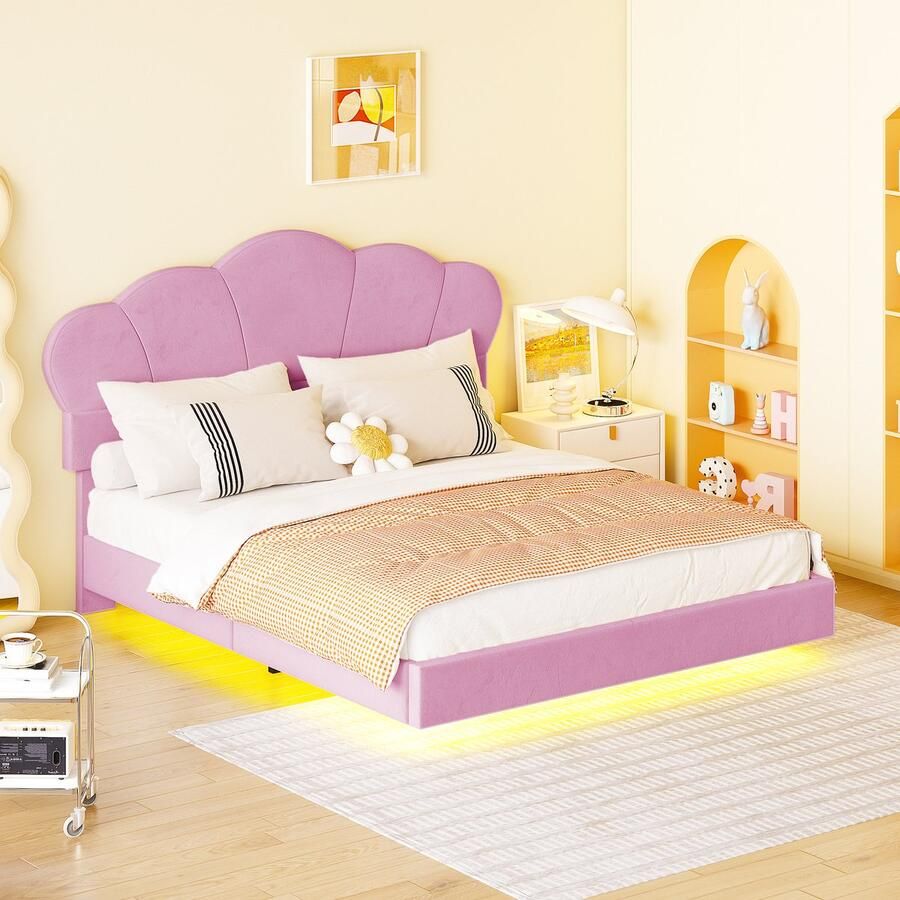 YJZQ Gestoffeerd led-verlichting bed 140*200 cm wolkvormig hoofdeinde met rondom LED-strip verdekt voetenbord design tweepersoonsbed jeugdbed fluweelstof roze (matras niet inbegrepen)