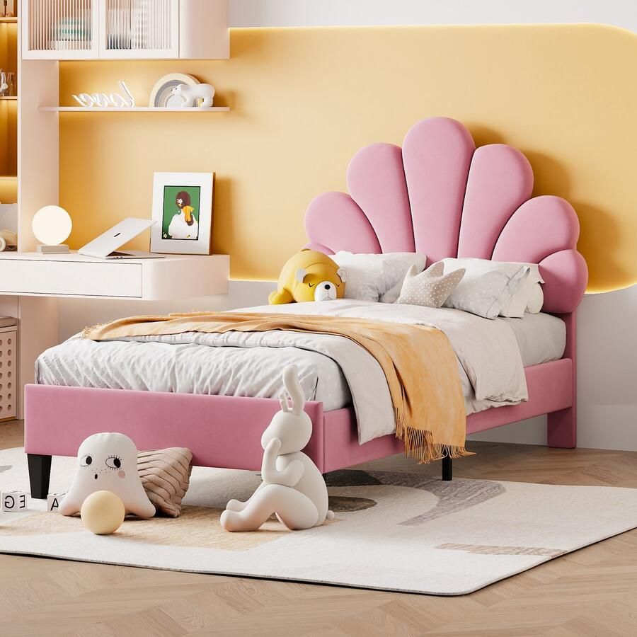 YJZQ Gestoffeerd platformbedframe op volledige grootte volledig bedframe met bloemenpatroon Fluwelen hoofdeinde gestoffeerd bedframe met houten lattenbodem roze 90x200cm