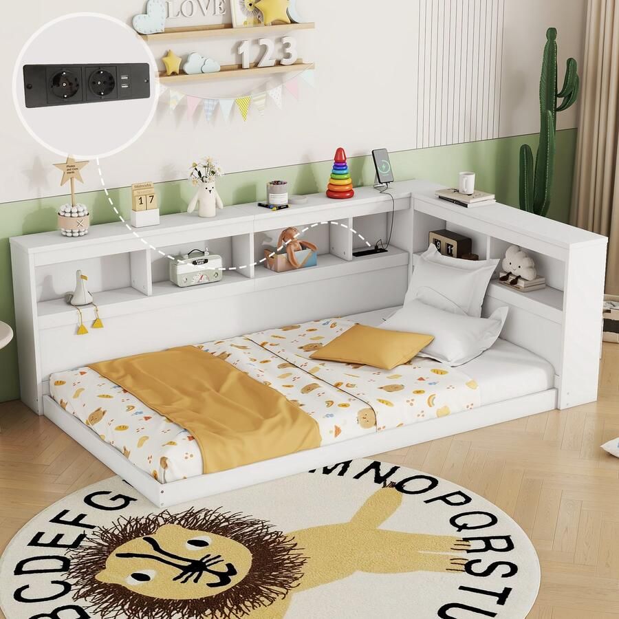 YJZQ Gestoffeerde Daybed 90 x 200 cm slaapbank met stopcontact en 2 USB-poorten eenpersoonsbed met lattenbodem (zonder matras) wit