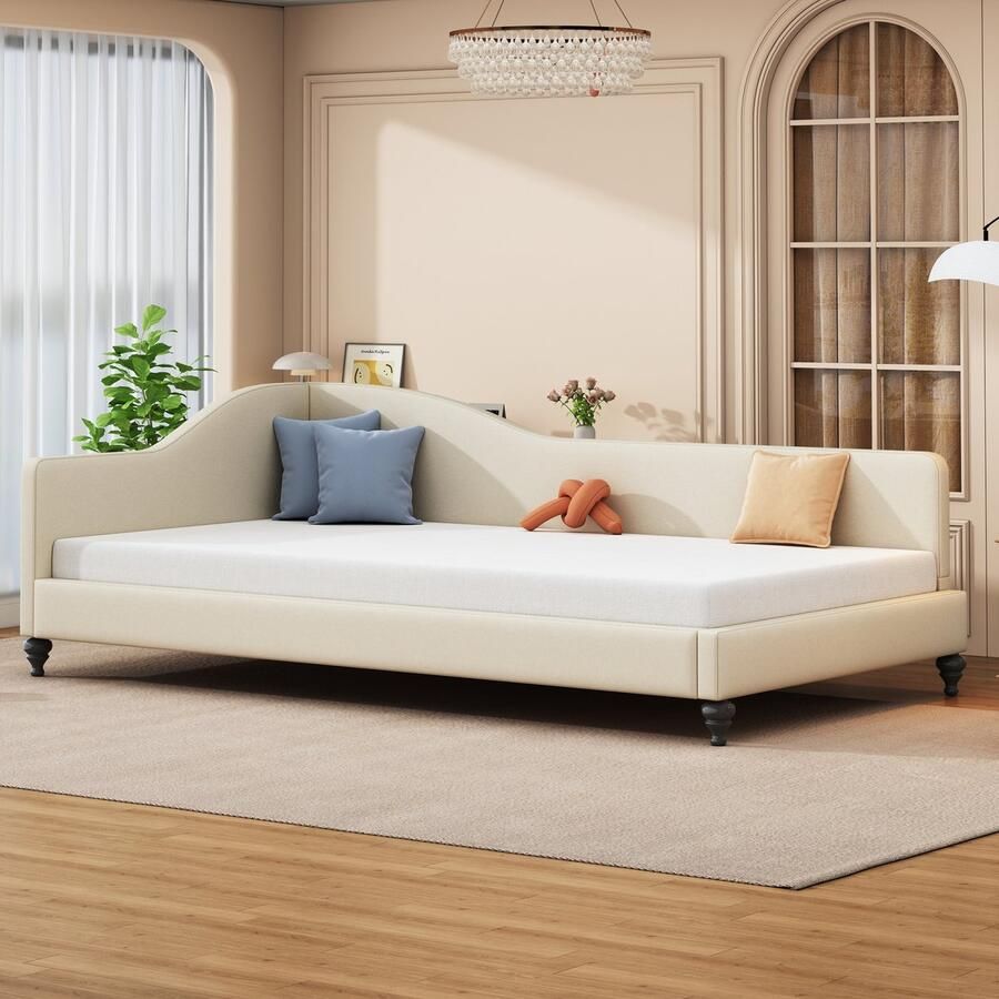 YJZQ Gestoffeerde slaapbank 90*200cm- multifunctioneel eenpersoonsbed met lattenbodem-huidvriendelijke linnen stof- beige