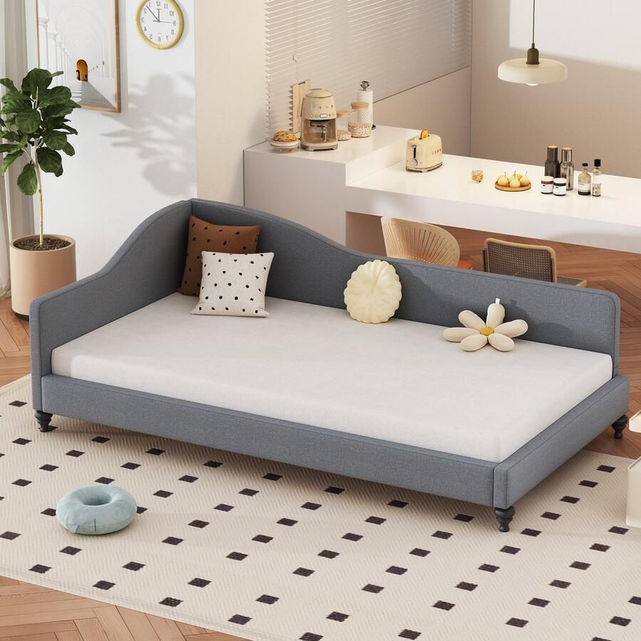 Sweiko Gestofferde Slaapbank 90x200cm Multifunctioneel bed met Flat noedles frame en huidvriendelijk linnen Grijs (Geen matras)