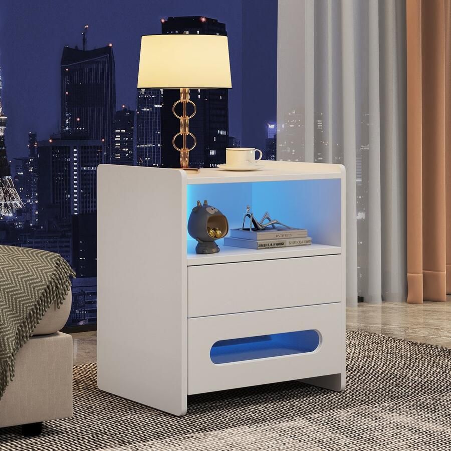 YJZQ Hoogglans LED nachtkastje moderne salontafel met 2 lades nachtkastje voor slaapkamer modern bedkastje met LED-verlichting Wit 50*40*58cm