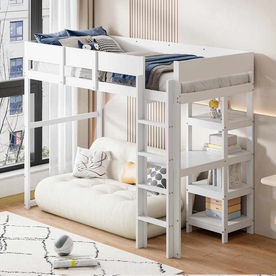 YJZQ Hoogslaper met plank 90 x 200 cm bedframe van massief grenenhout lattenbodem kinderbed wit