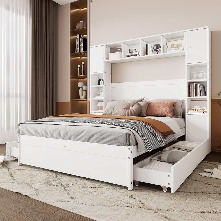 YJZQ Houten tweepersoonsbed met boekenplankhoofdeinde Houten lattenbodem met 4 laden en grote opbergkast -MDF+PLY- Wit 140x200 cm