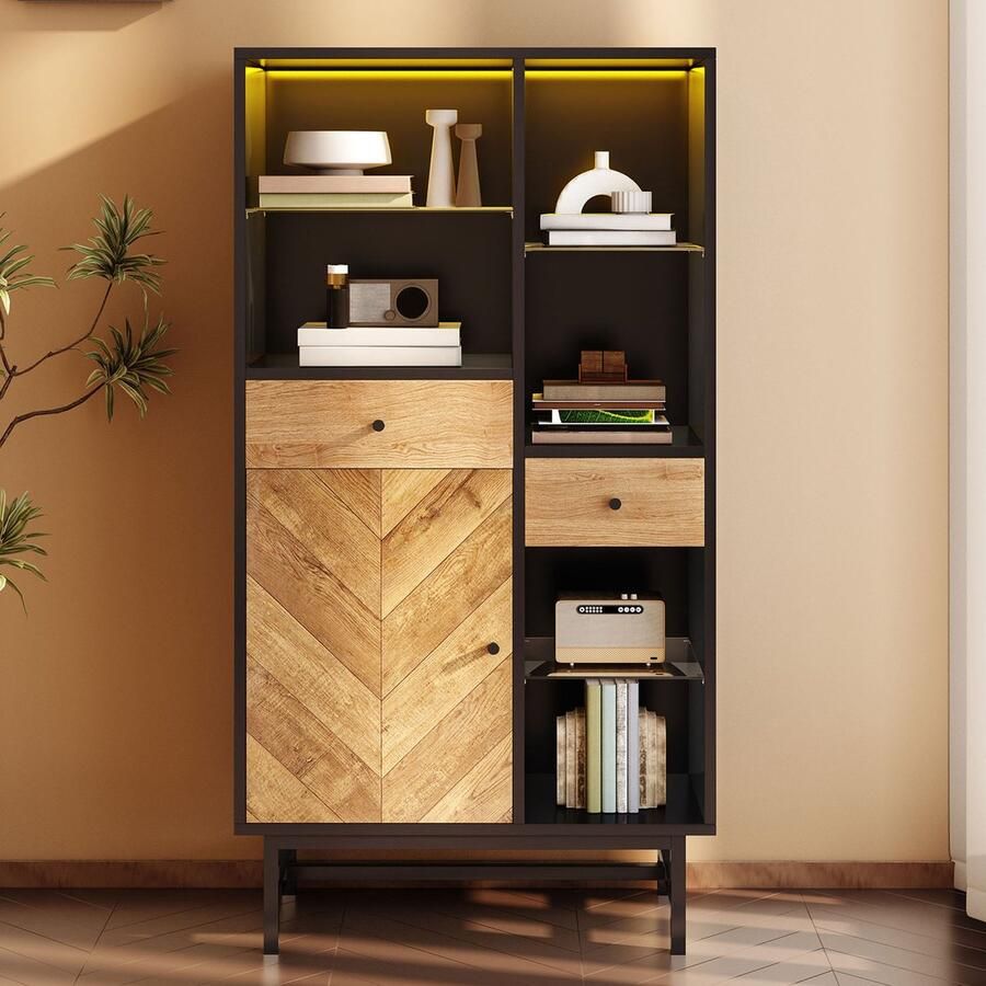 YJZQ Houten vitrinekast Ladekast met 2 lades 1 deur en glazen planken Dressoir met 12-kleurige LED-lichtstrip Accentkast voor eetkamer woonkamer entree keuken