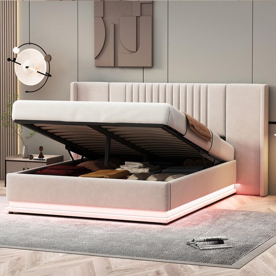 YJZQ Hydraulisch gestoffeerd bed met LED verlichting verlengd hoofdeinde en rugleuning 140x200 cm dubbel plat bed met lattenbodem huidvriendelijke fluwelen stof beige