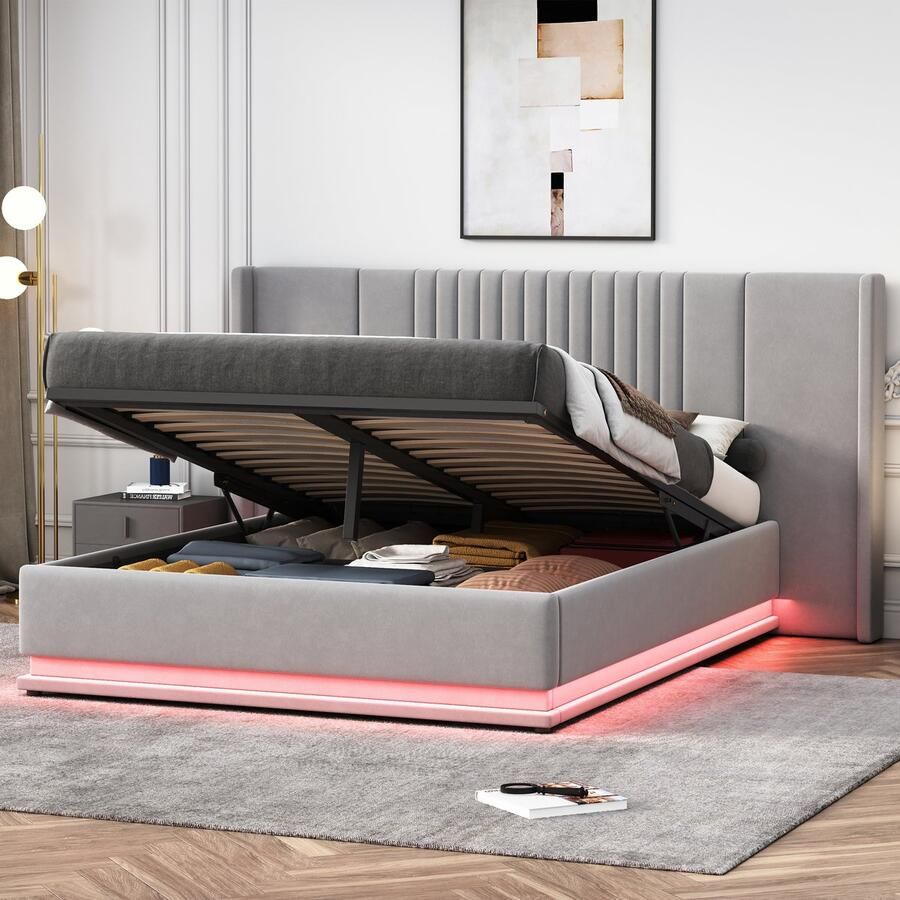 YJZQ Hydraulisch gestoffeerd bed met LED verlichting verlengd hoofdeinde en rugleuning 140x200 cm dubbel plat bed met lattenbodem huidvriendelijke fluwelen stof grijs