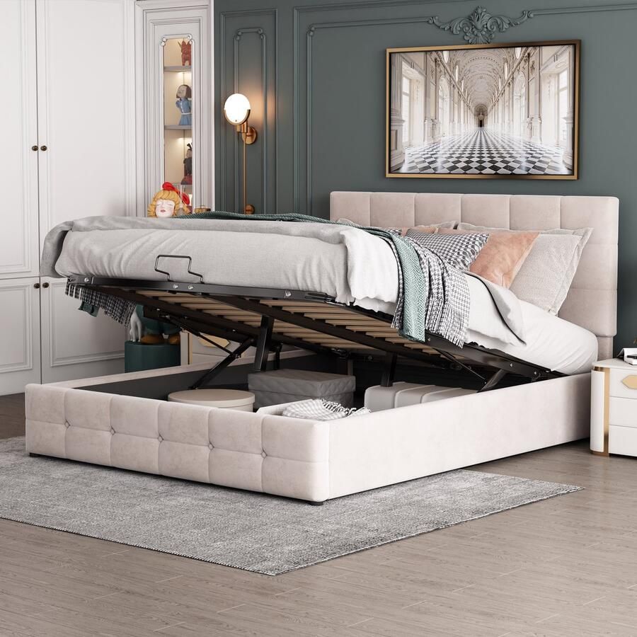 YJZQ Hydraulisch opklapbaar opbergbed tweepersoonsbed met in hoogte verstelbaar hoofdeinde gestoffeerd platform metalen lattenbodem huidvriendelijke fluwelen stof -140*200cm wit