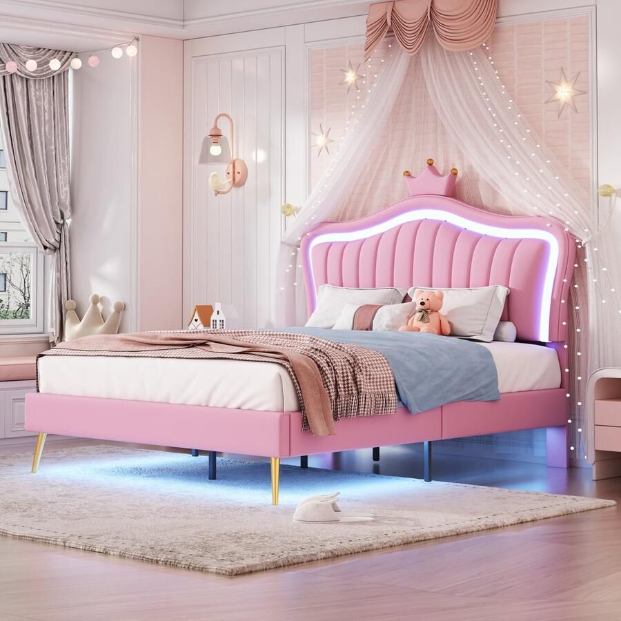 YJZQ Kinderbed gestoffeerd bed 140 x 200 cm Kroonhoofdeinde Tweepersoonsbed Lattenframe PU-leer Bekleding rugleuning met LED-verlichting (matras niet inbegrepen) Jongens Meisjes Tweepersoonsbed roze