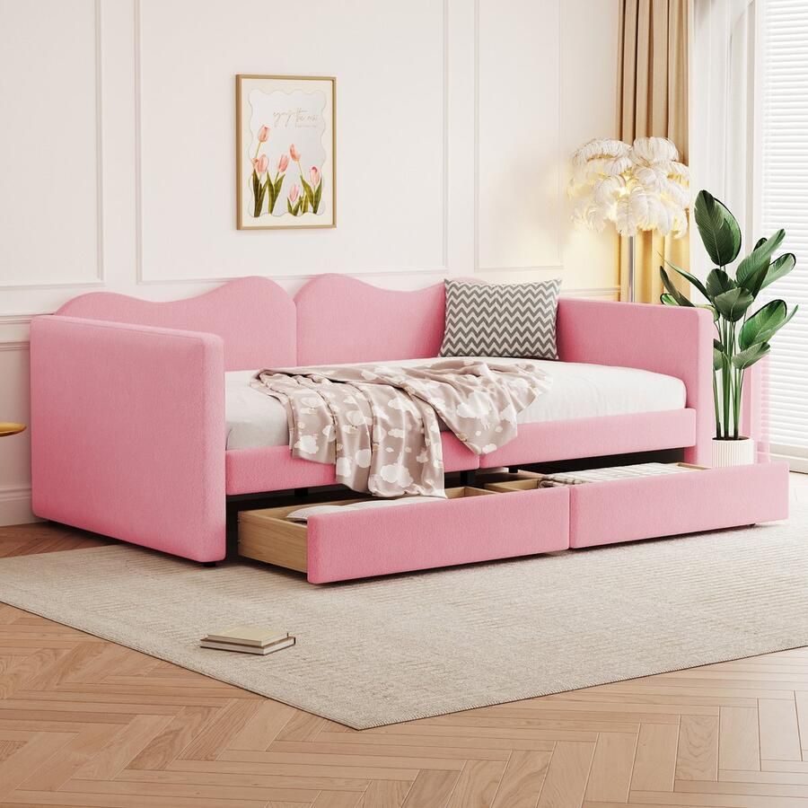 Sweiko 90x200cm Kinderbed Slaapbank met 2-laden Teddybeerbedframe Multifunctioneel zacht bed met rugleuning en armleuningen Roze jeugdbed (Ween matras)