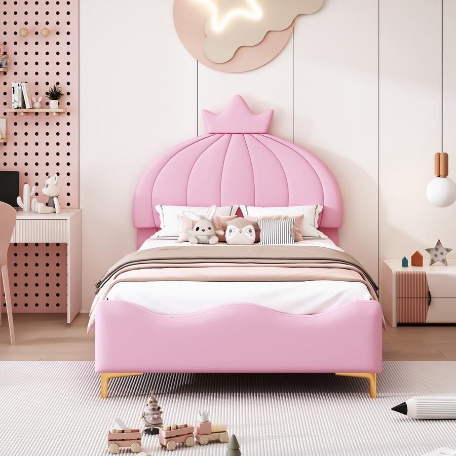 YJZQ Kinderbed met pompoen kroon hoofdeinde Eenpersoonsbed 90 * 200 cm met kroonlijst gebogen einddesign Kunstlederen stof Hoge metalen poten met lattenbodem Jongens- en meisjesbedden roze