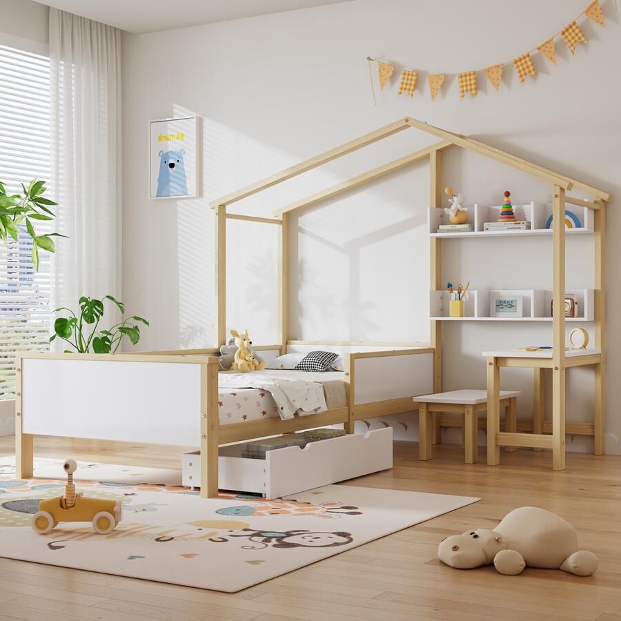 YJZQ Kinderbedhuisbed met lades en planken Multifunctioneel kinderbed met bureau en kruk massief houten slaapbank met lattenbodems L-structuur wit + natuurlijk grenen MDF 90*200cm