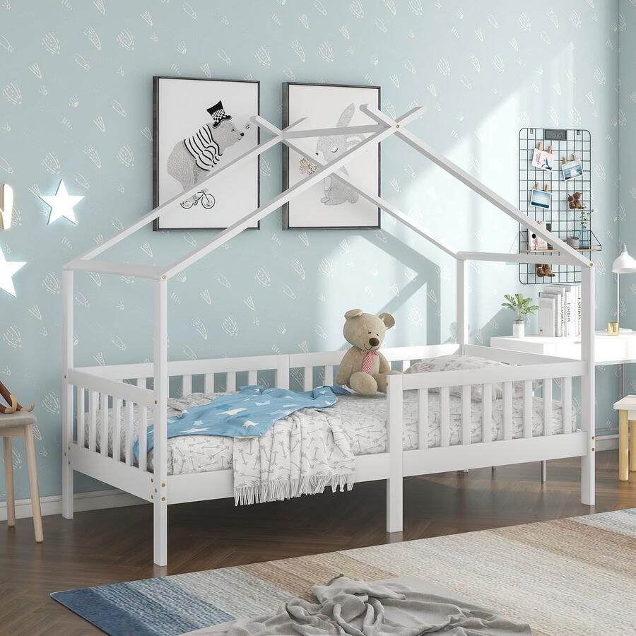 YJZQ Kinderhuisbed eenpersoonsbed met dak en hek houten bedframe voor kinderen tieners meisjes en jongens Hoge voeten Valbeveiligingsbed -wit 90x200cm