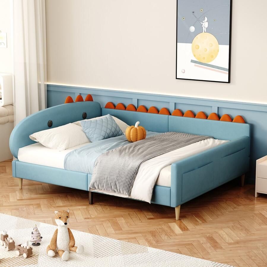Sweiko Kinderbed 140X200cm Wieg Dinosaurusvorm met Opbergvak Multifunctionele slaapbank met rugleuning en armleuning Flat noedles frame jeugdbed tweepersoonsbed gastenbed Fluwelen stof Blauw (Zonder matras)