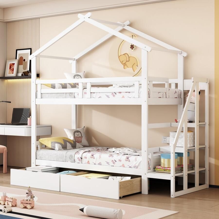 Sweiko Kinderbed Wieg 90x200cm Tweepersoonsbed met Opbergladder met lade massief houten tweepersoonsbedframe Platte noedelslijst Wit (geen matras)